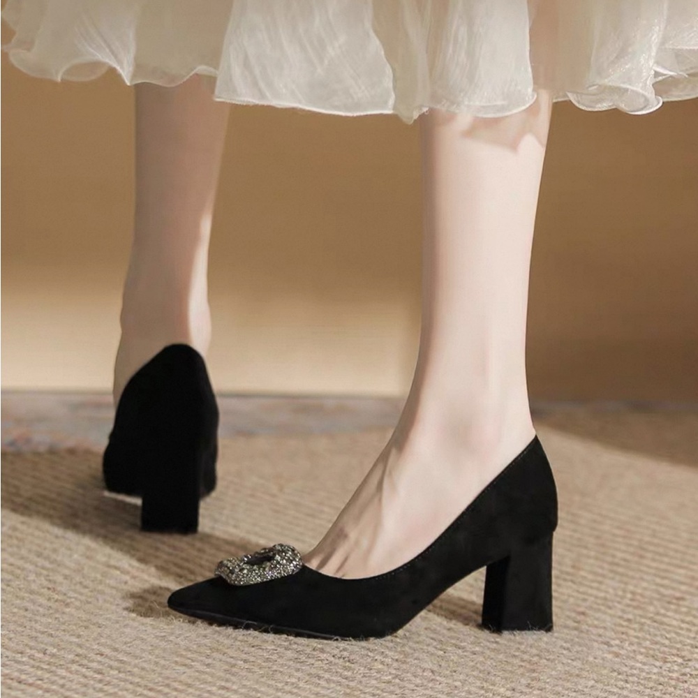 NEW Black Suede Pointy Toe Heels with Embellished Detail Block Heel Size 38
